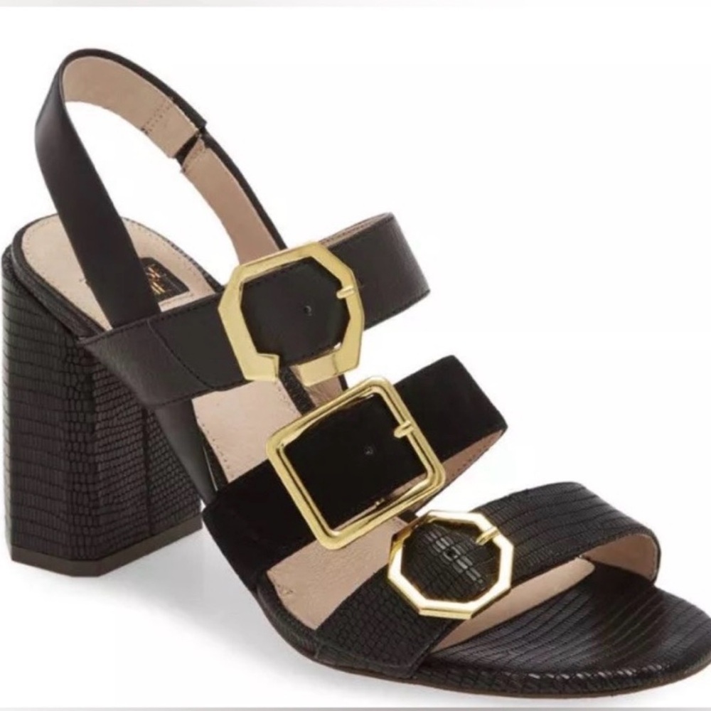 Louise et Cie Black Block Heel Sandal with Gold Buckles
